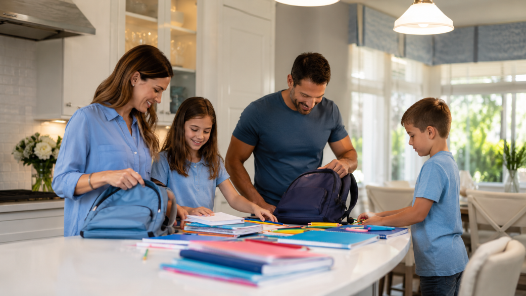 Tampa family organizing school supplies on a clean kitchen counter before back-to-school cleaning Tampa weekend reset