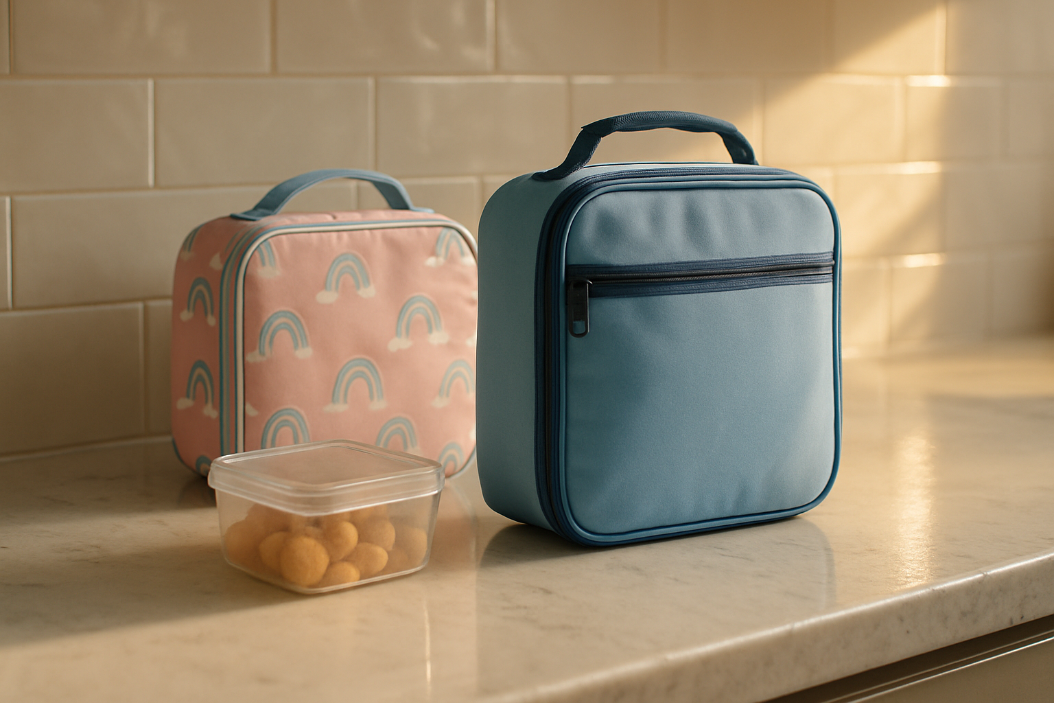 Close-up of a freshly cleaned Tampa kitchen counter with organized school lunchboxes and labeled snack containers ready for Monday morning