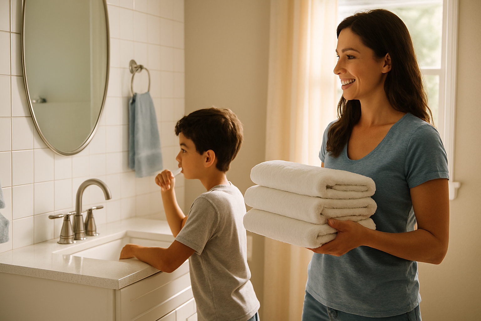 Tampa mom organizing a clean bathroom with fresh towels while child prepares for the first day of school