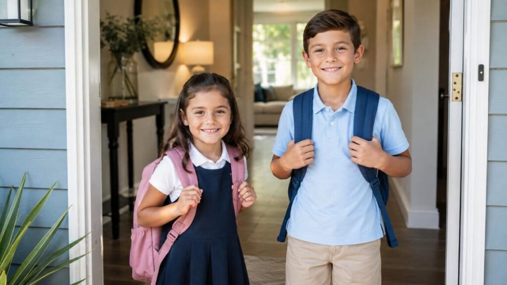 School year cleaning in Tampa: kids with backpacks at the doorstep of a clean, organized home