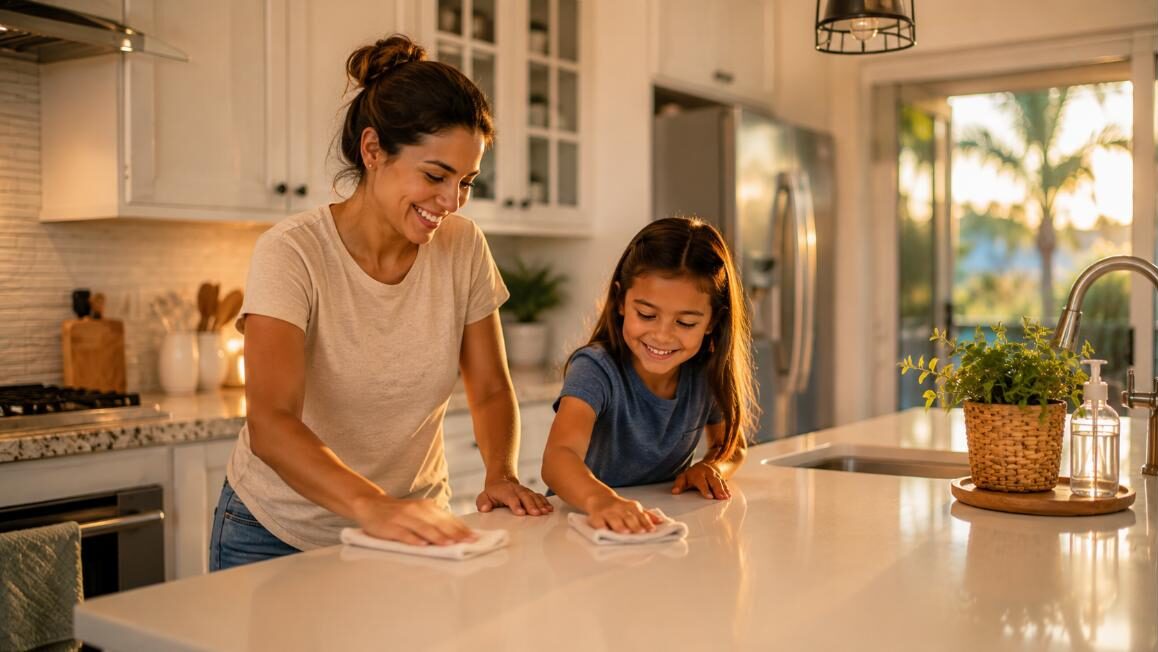 Parent and child wiping the kitchen counter together during their evening school-year cleaning routine in Tampa