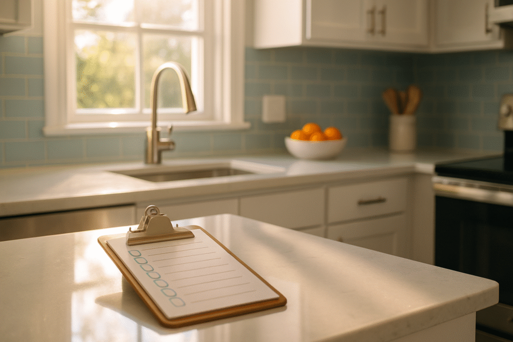 Detailed cleaning checklist on a clipboard beside a sparkling Tampa kitchen counter — FG7 Cleaning services included Tampa