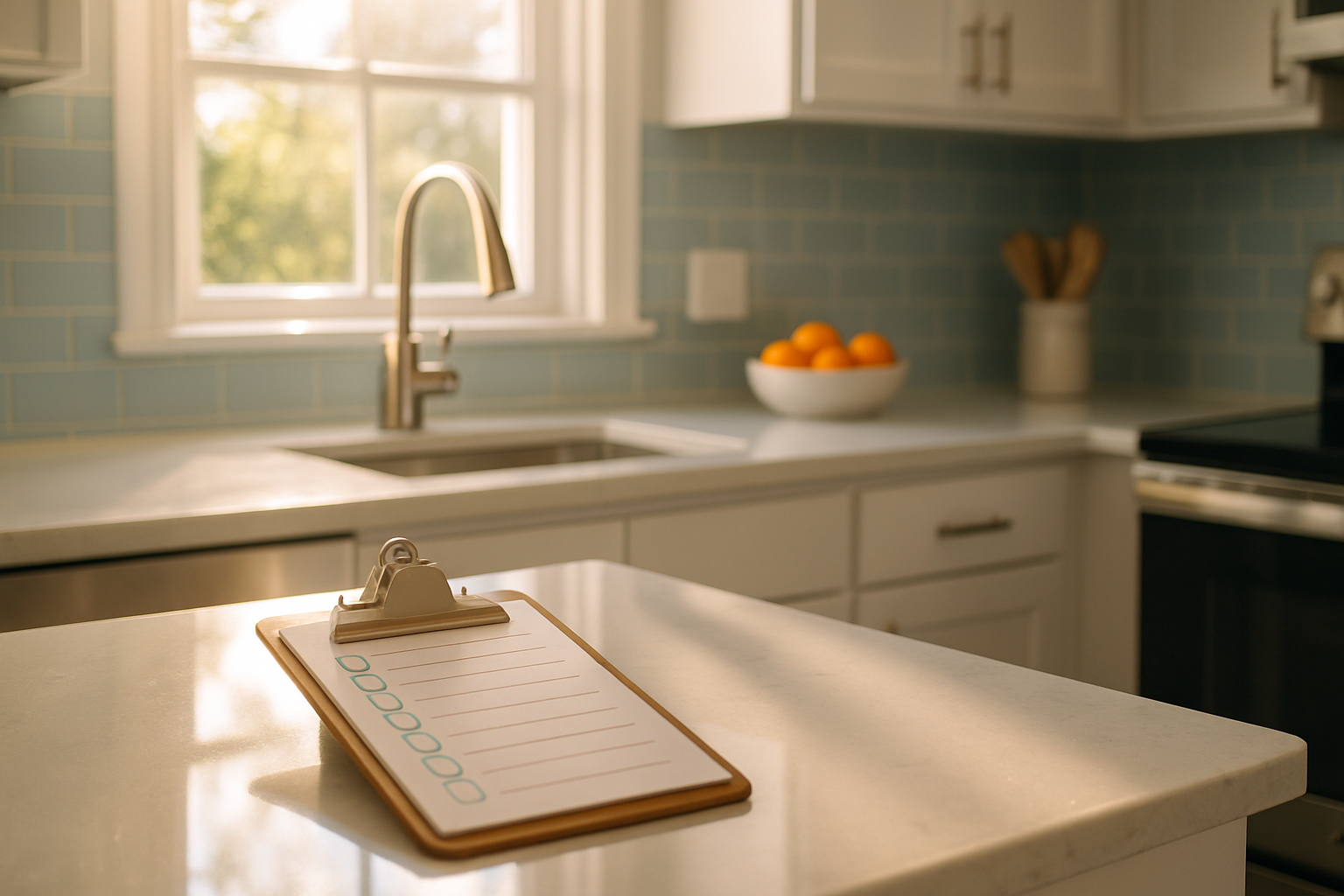 Detailed cleaning checklist on a clipboard beside a sparkling Tampa kitchen counter — FG7 Cleaning services included Tampa