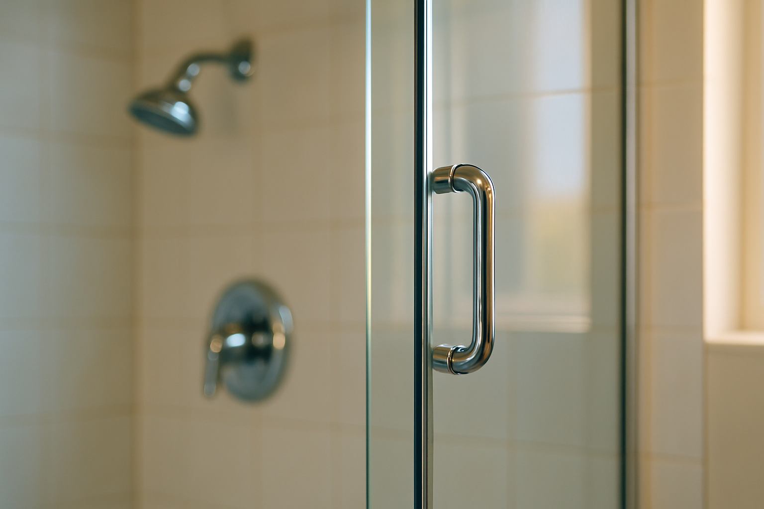 Close-up of a streak-free shower door and polished chrome fixtures in a freshly cleaned Tampa bathroom