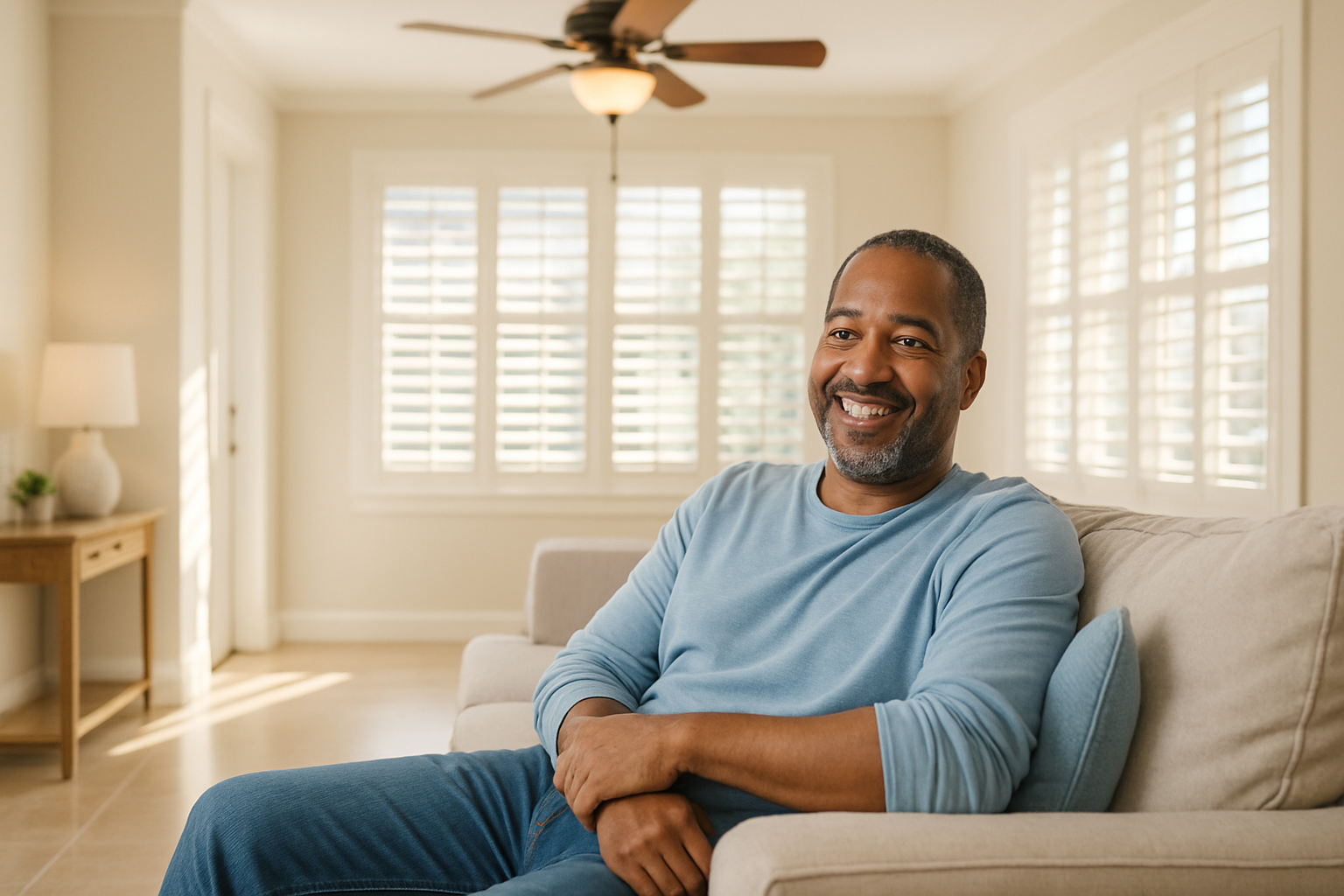 Tampa homeowner relaxing in a bright, professionally cleaned living room with dust-free surfaces and shining floors