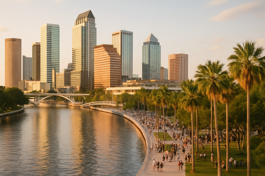 Tampa Bay skyline at golden hour during 813 Day Tampa celebration with the Riverwalk and Hillsborough River visible below