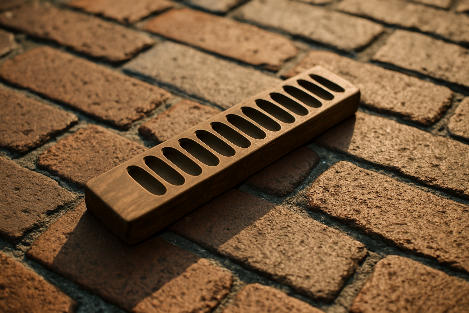 Close-up of historic Ybor City brick sidewalk in Tampa with a vintage cigar mold in warm afternoon light