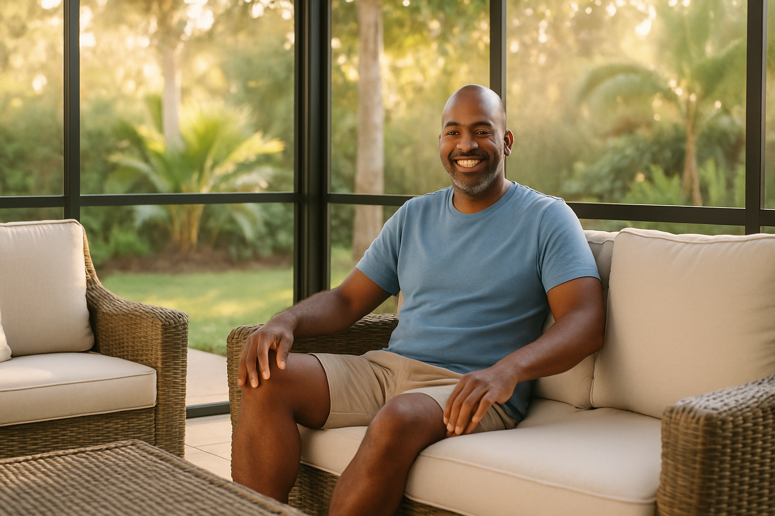 Tampa homeowner relaxing on a spotlessly clean lanai screen porch surrounded by lush Florida tropical greenery