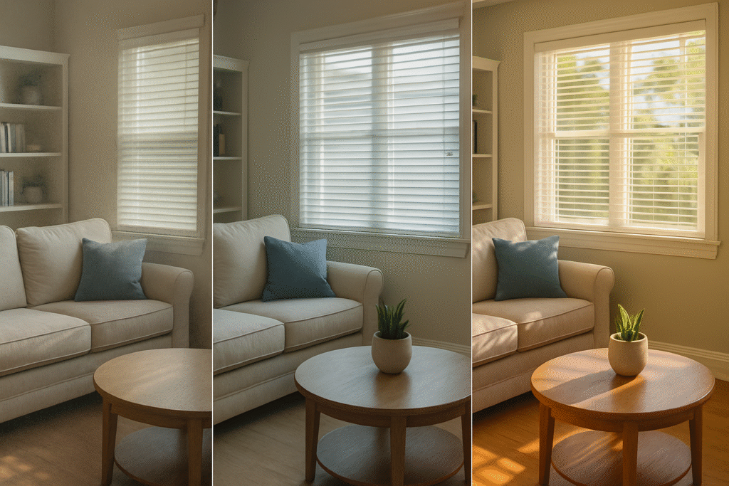 Before-and-after sequence of recurring cleaning benefits Tampa living room improving across three professional visits