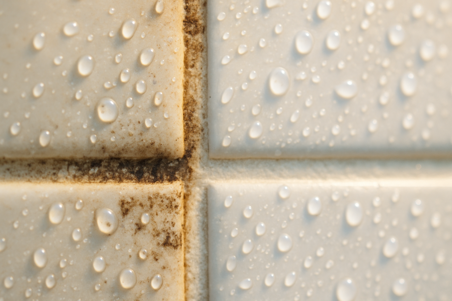 Close-up of Tampa bathroom tile grout showing contrast between mold-stained and professionally cleaned surfaces after recurring service