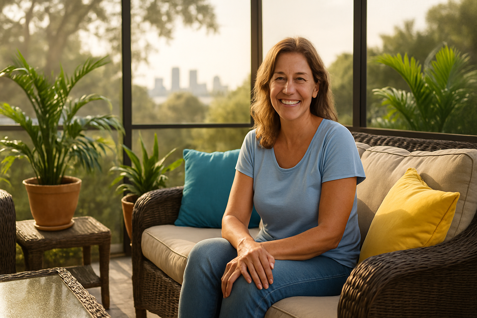 Tampa homeowner relaxing on a freshly cleaned lanai screen porch maintained through a recurring cleaning plan