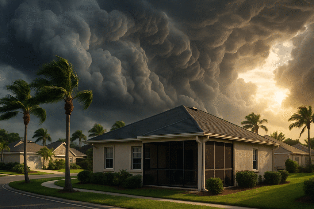 Dramatic August hurricane clouds building over a Tampa neighborhood during peak hurricane season mid Tampa, home with screened lanai in foreground