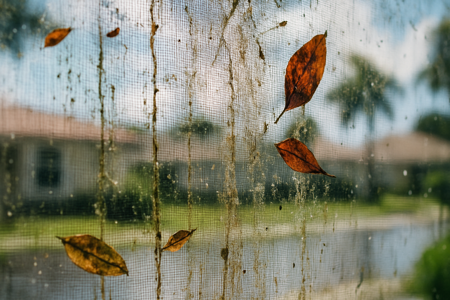 Close-up of a Tampa lanai screen covered in storm debris and early algae growth after a mid-season tropical squall