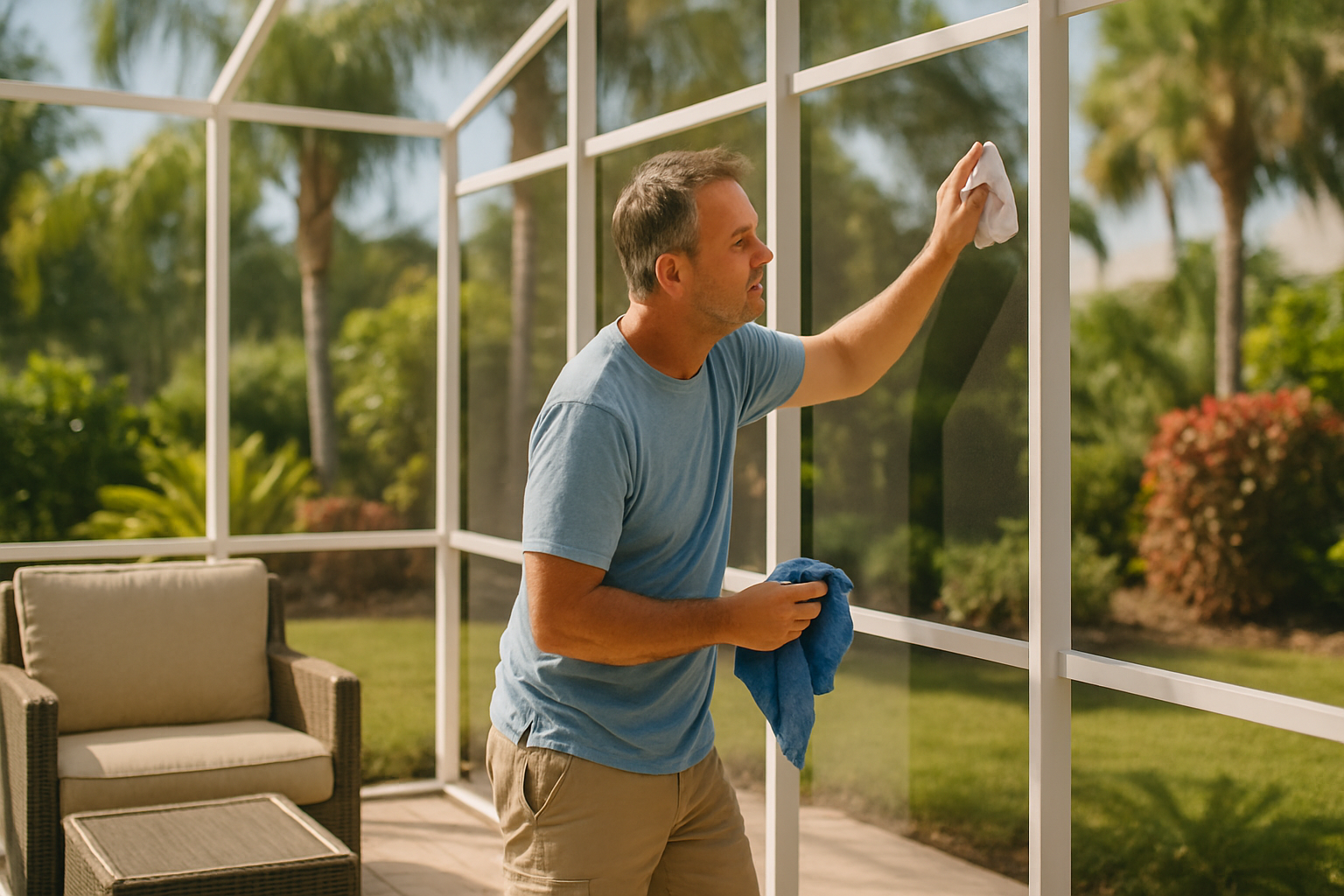 Tampa homeowner cleaning and inspecting a lanai screen enclosure during peak hurricane season to protect their outdoor living space