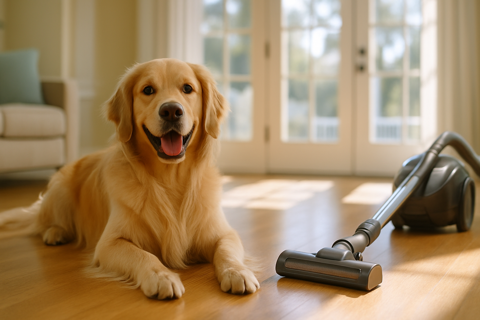 Happy golden retriever on a clean hardwood floor in a Tampa home with a pet hair vacuum attachment nearby — pet hair cleaning Tampa.