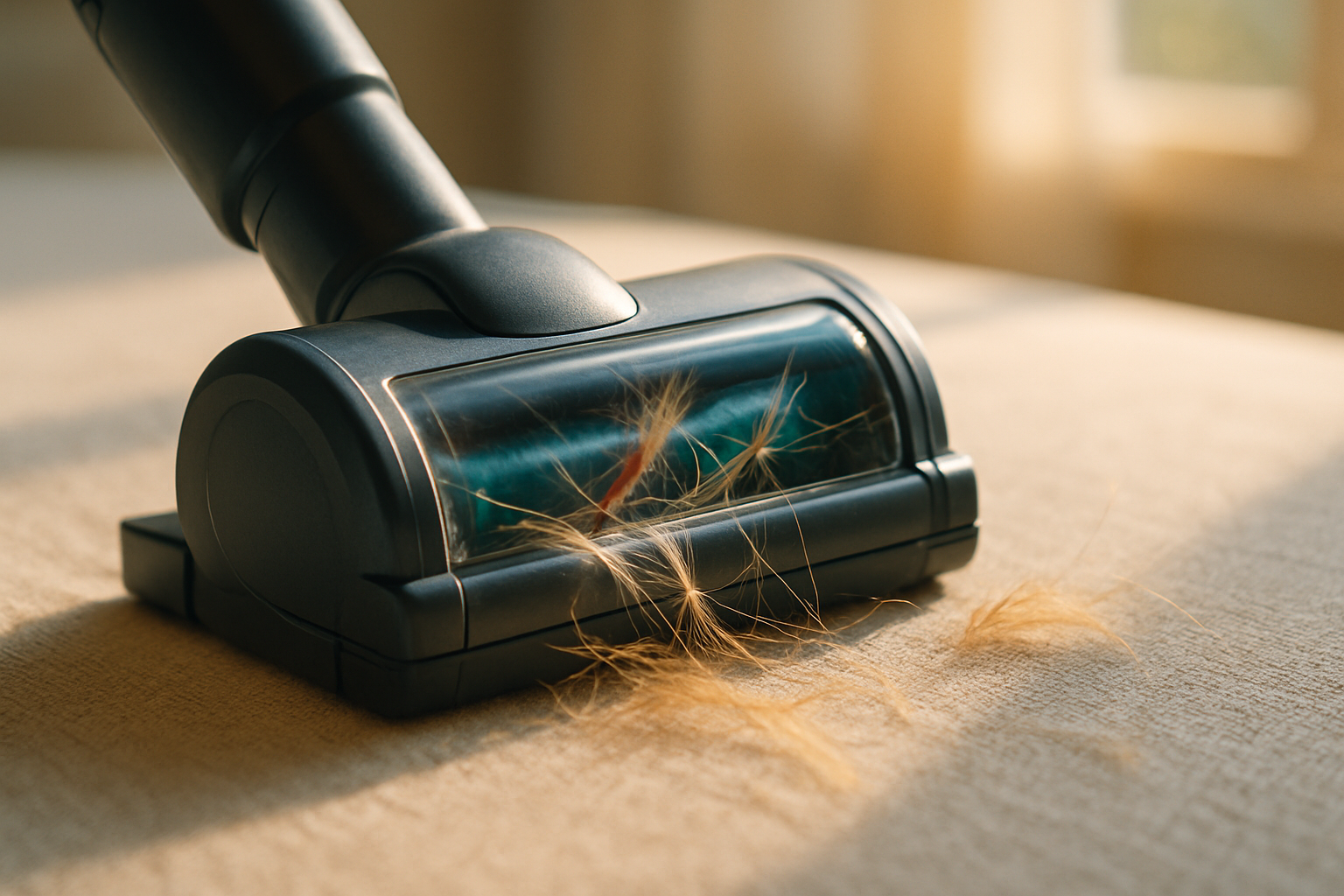 Close-up of a motorized vacuum pet-hair attachment lifting dog fur from upholstery fabric in a Tampa Bay home.