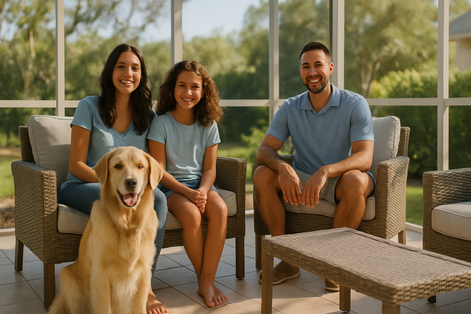 Tampa family enjoying a clean screen lanai with their golden retriever on a sunny Florida afternoon.