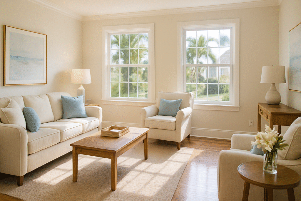Bright staged Tampa living room polished and ready for real estate listing photos, showcasing pre-sale cleaning Tampa results