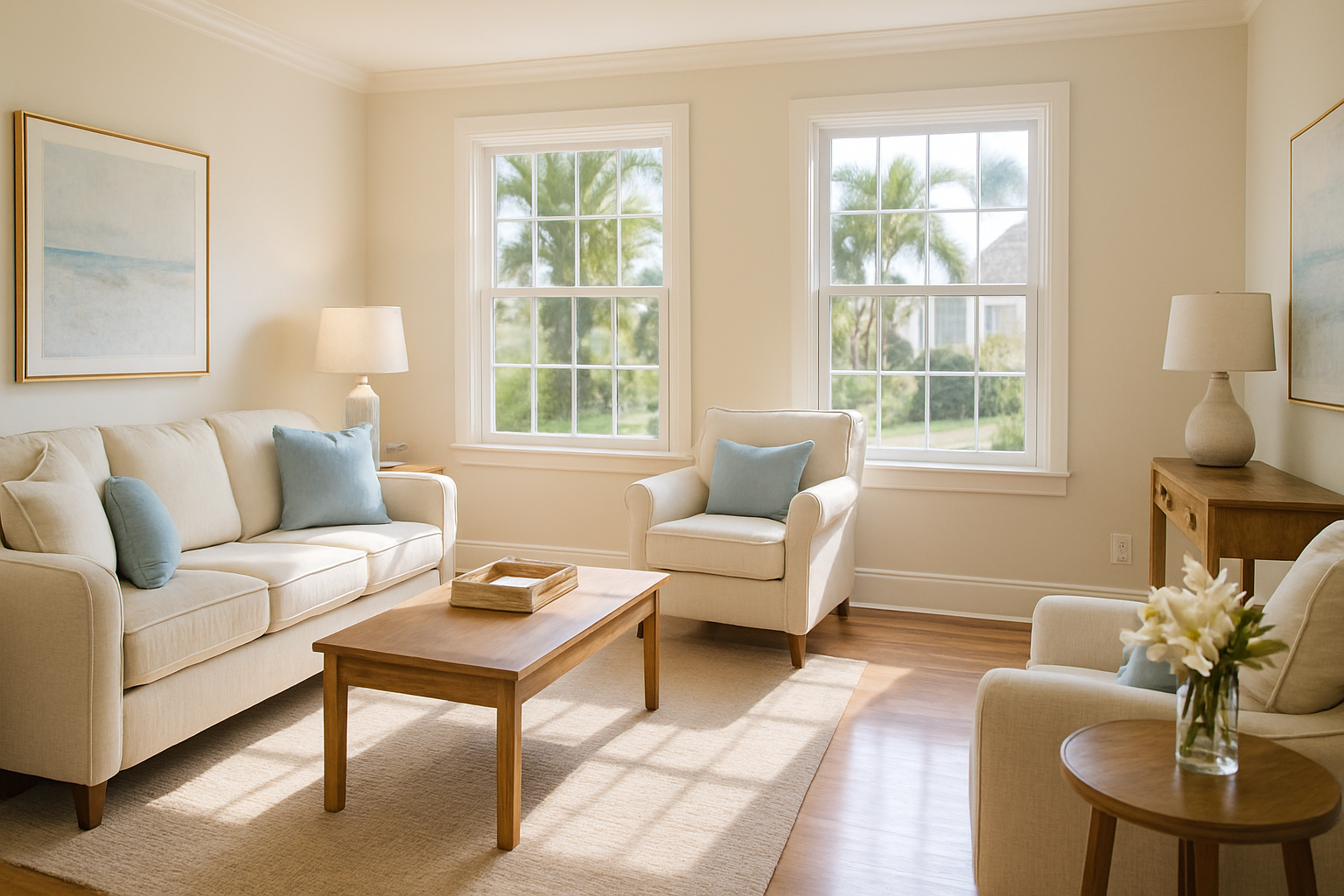 Bright staged Tampa living room polished and ready for real estate listing photos, showcasing pre-sale cleaning Tampa results