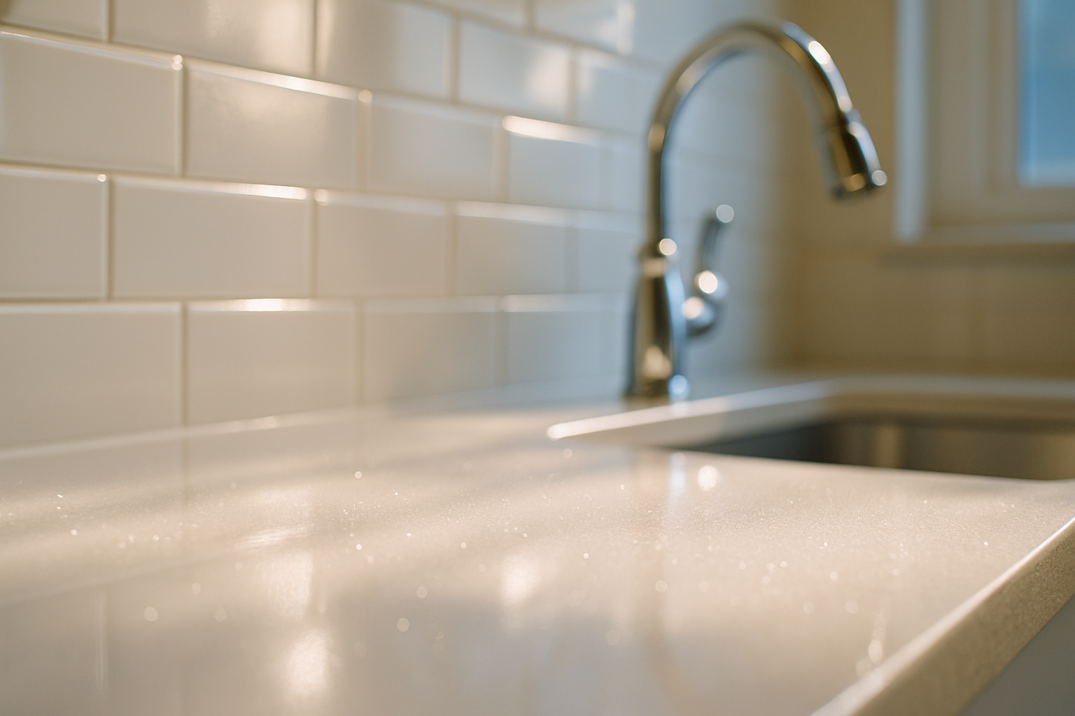 Close-up of a sparkling clean kitchen countertop and backsplash grout in a Tampa home after professional deep cleaning