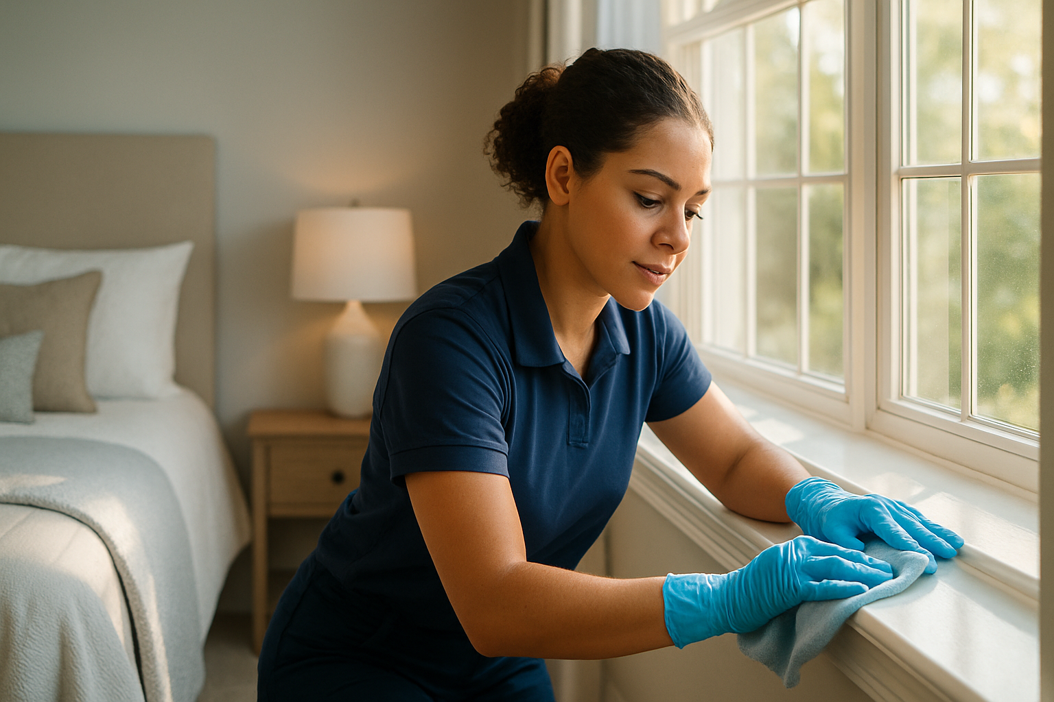 Professional cleaner wiping down bedroom window sill in a Tampa Bay home staged and prepped for a real estate showing