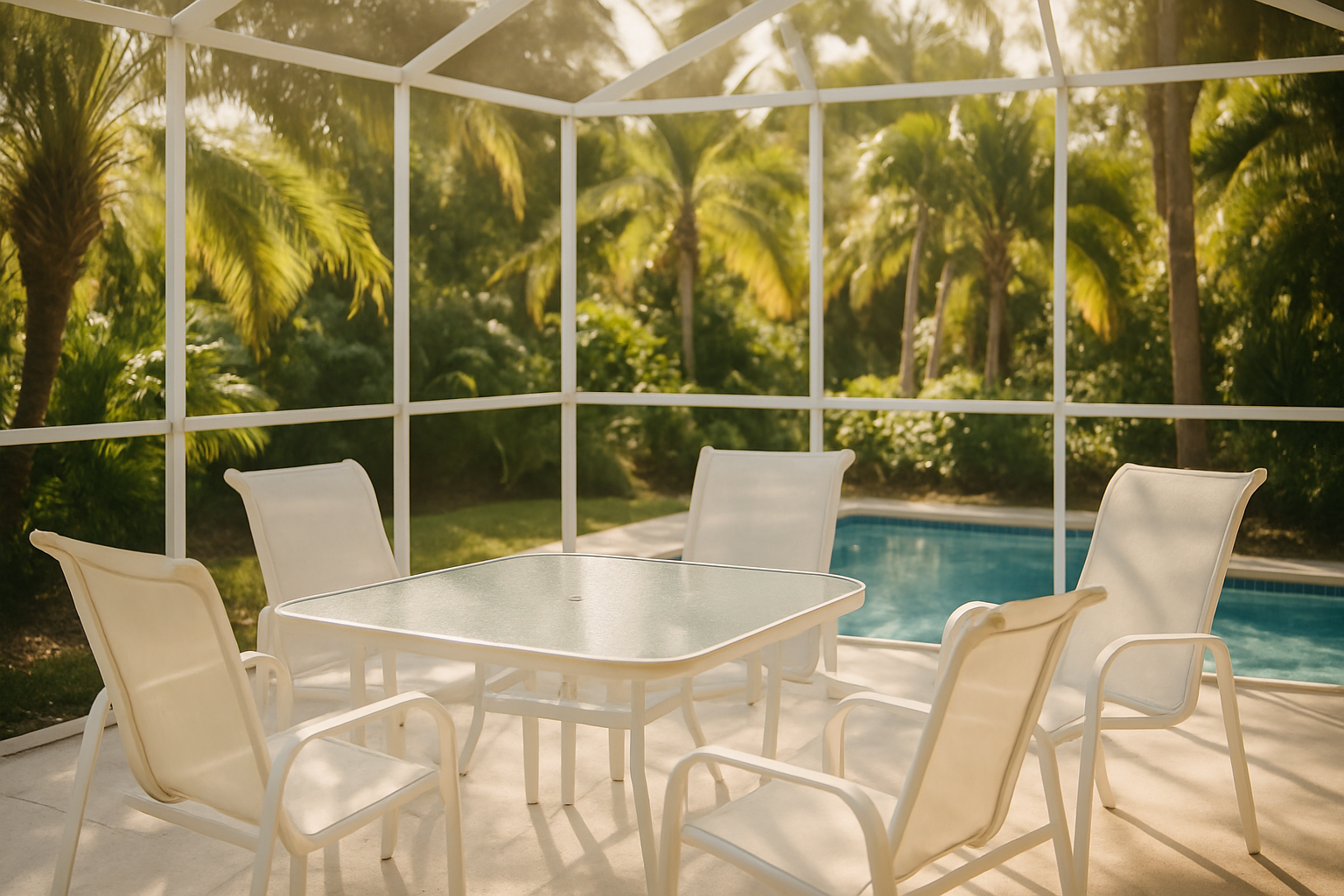Pristine screened lanai in Tampa with clean outdoor furniture, palm trees, and sparkling pool — lanai cleaning Tampa results