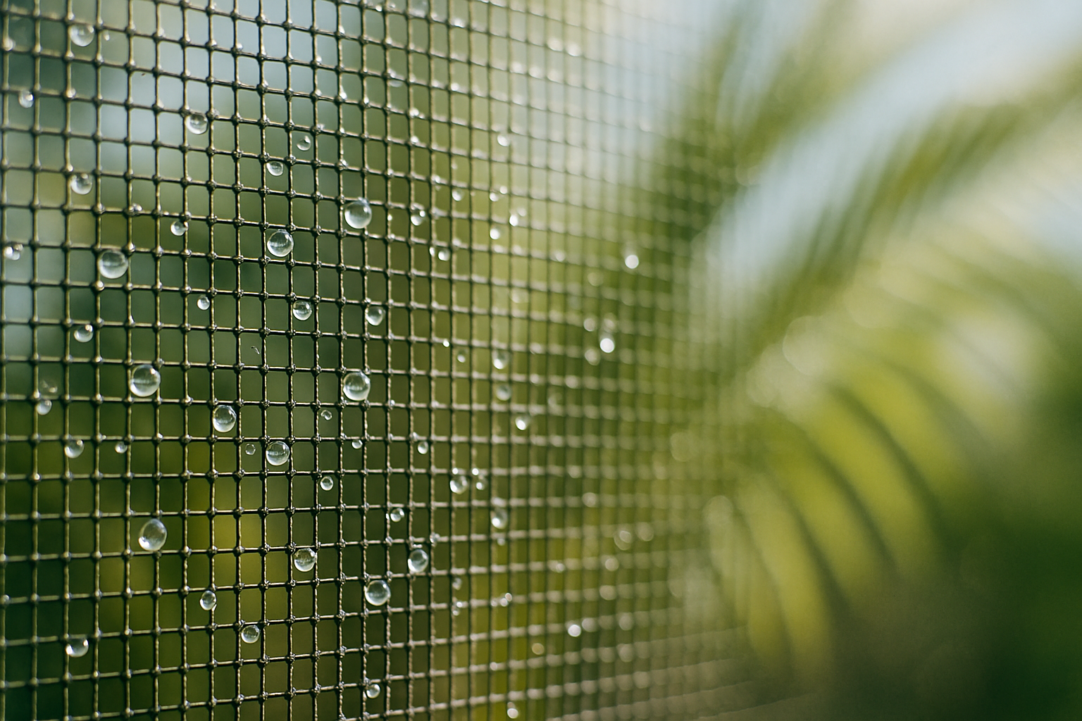 Close-up of a freshly cleaned Tampa lanai screen panel with water droplets on fine mesh and palm fronds visible beyond