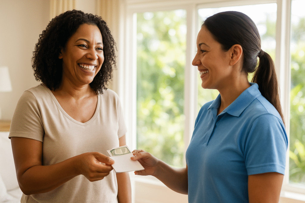 Tampa homeowner smiling while handing a tip envelope to a house cleaner, illustrating tipping house cleaner Tampa etiquette in a bright Florida home.