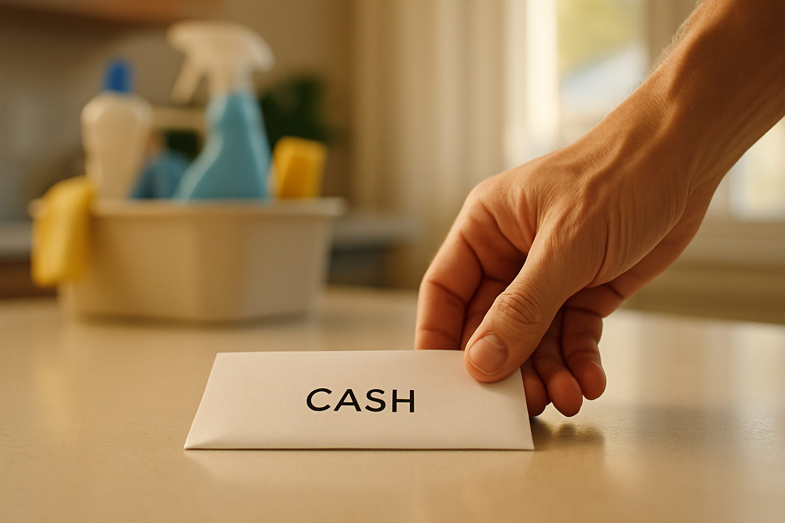 Close-up of a labeled cash tip envelope placed on a clean countertop in a Tampa home with a cleaning caddy in the background.
