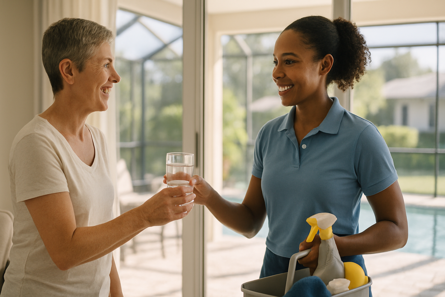 Tampa homeowner offering a cold glass of water to a professional house cleaner near a Florida screen lanai on a sunny afternoon.