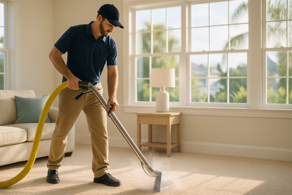 FG7 Cleaning technician performing professional carpet cleaning end of summer Tampa in a bright Tampa family home