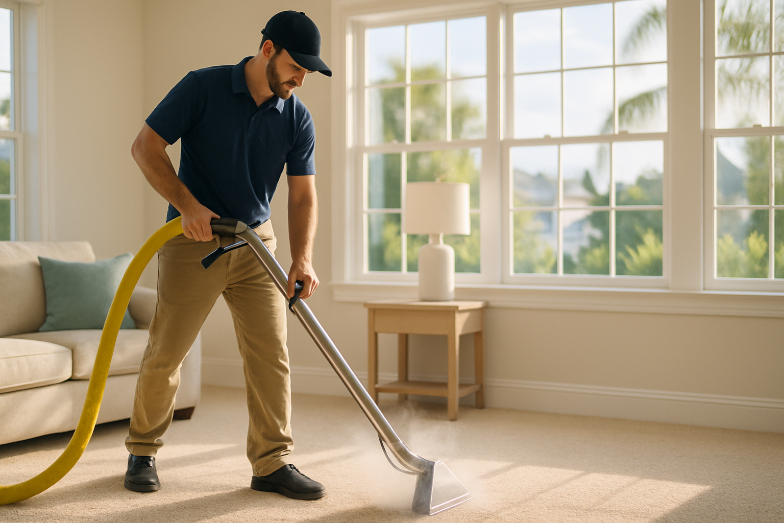 FG7 Cleaning technician performing professional carpet cleaning end of summer Tampa in a bright Tampa family home