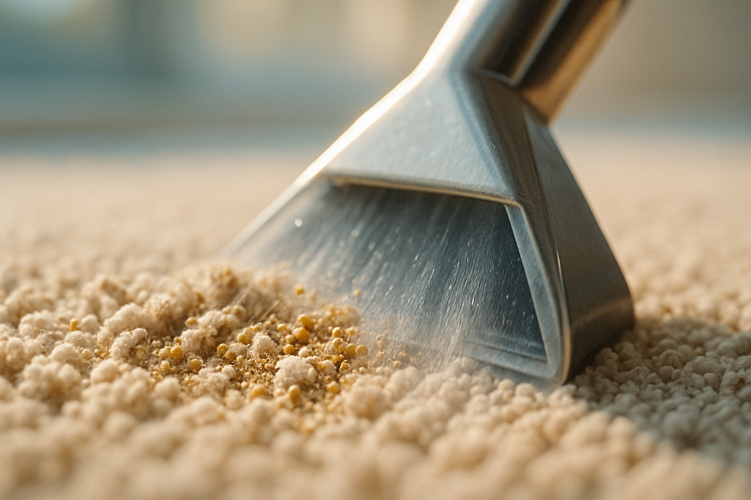 Close-up of carpet fibers showing embedded summer debris being extracted by professional steam cleaning equipment in a Tampa home