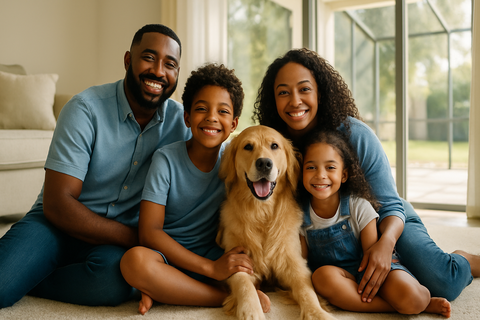 Happy Tampa family with children and dog relaxing on freshly deep-cleaned carpet beside a sunny Florida lanai