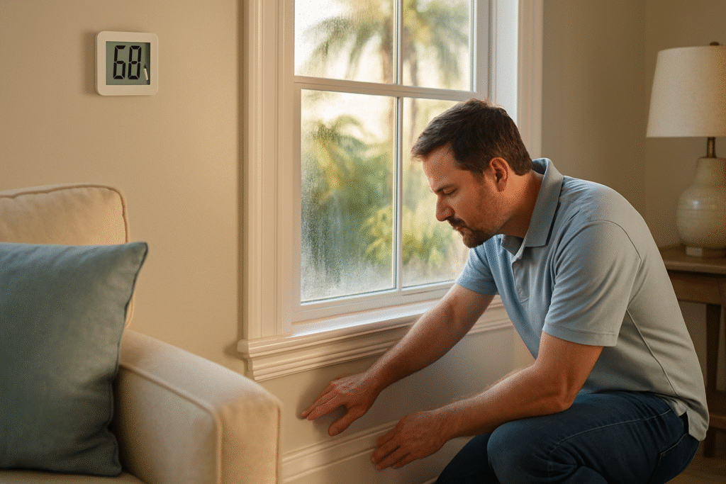Digital hygrometer showing high humidity in a Tampa home interior with condensation on windows — humidity damage Tampa home prevention