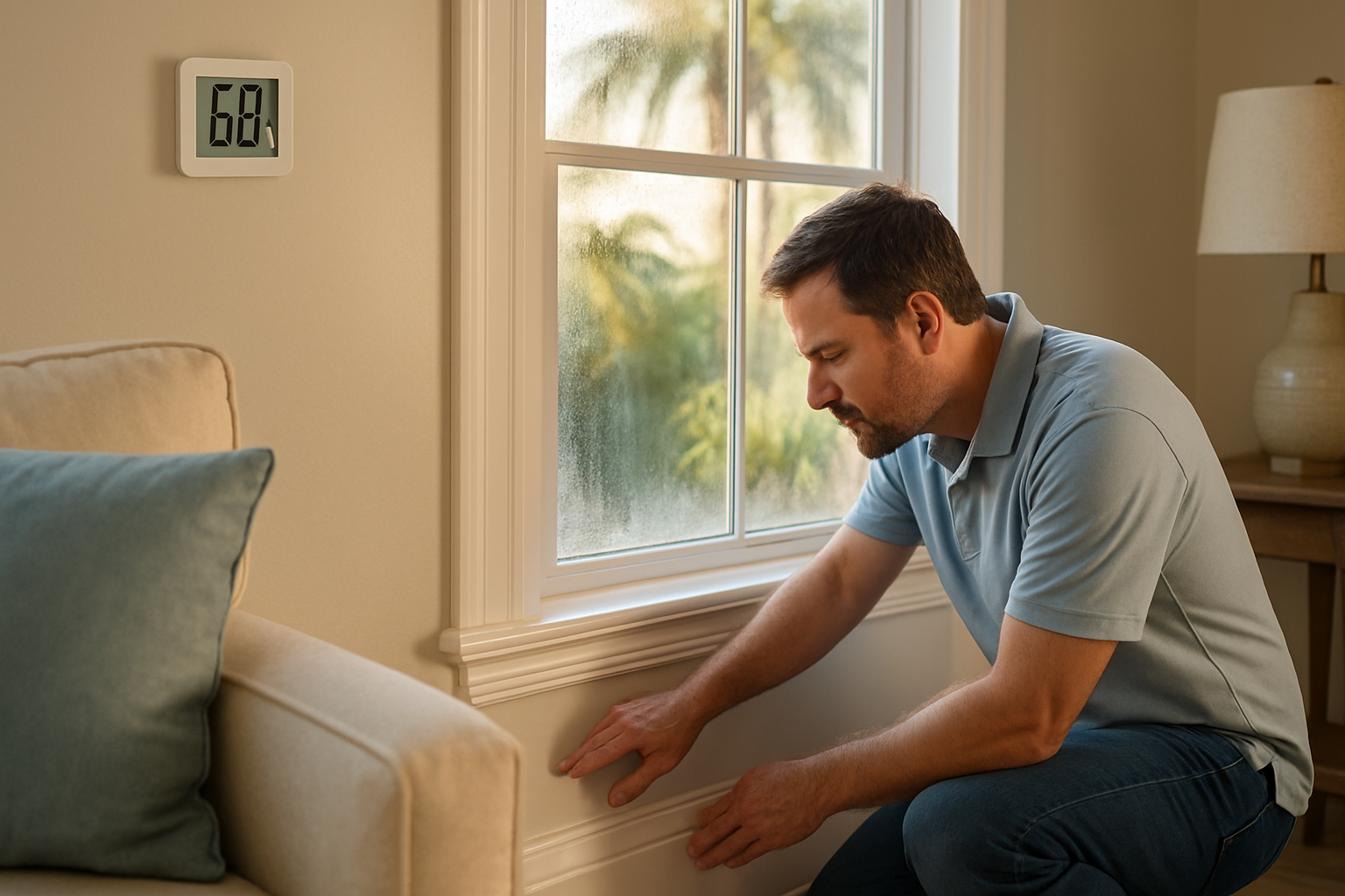 Digital hygrometer showing high humidity in a Tampa home interior with condensation on windows — humidity damage Tampa home prevention