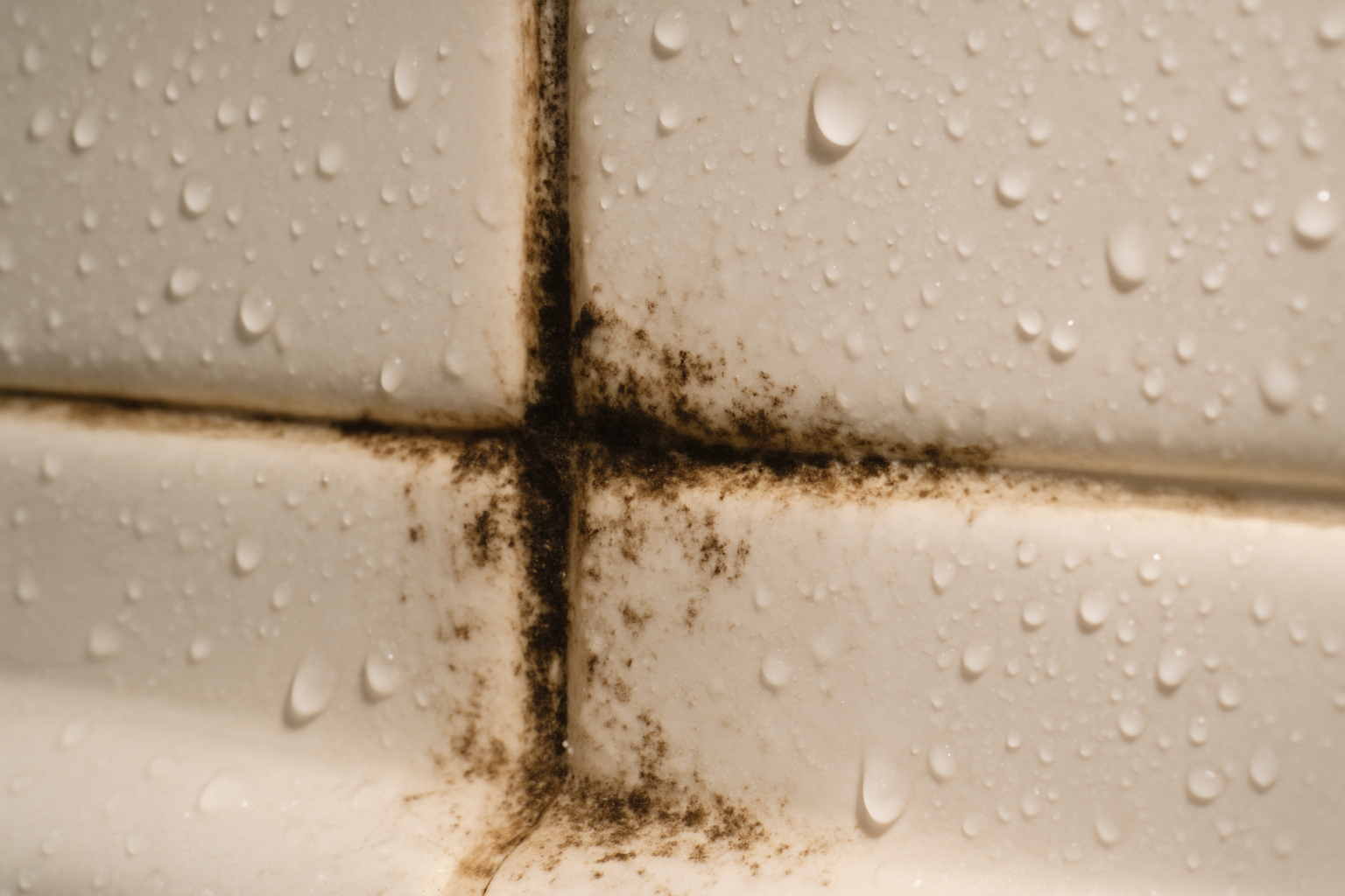 Close-up of black mildew growing along bathroom tile grout lines in a Tampa Bay home bathroom