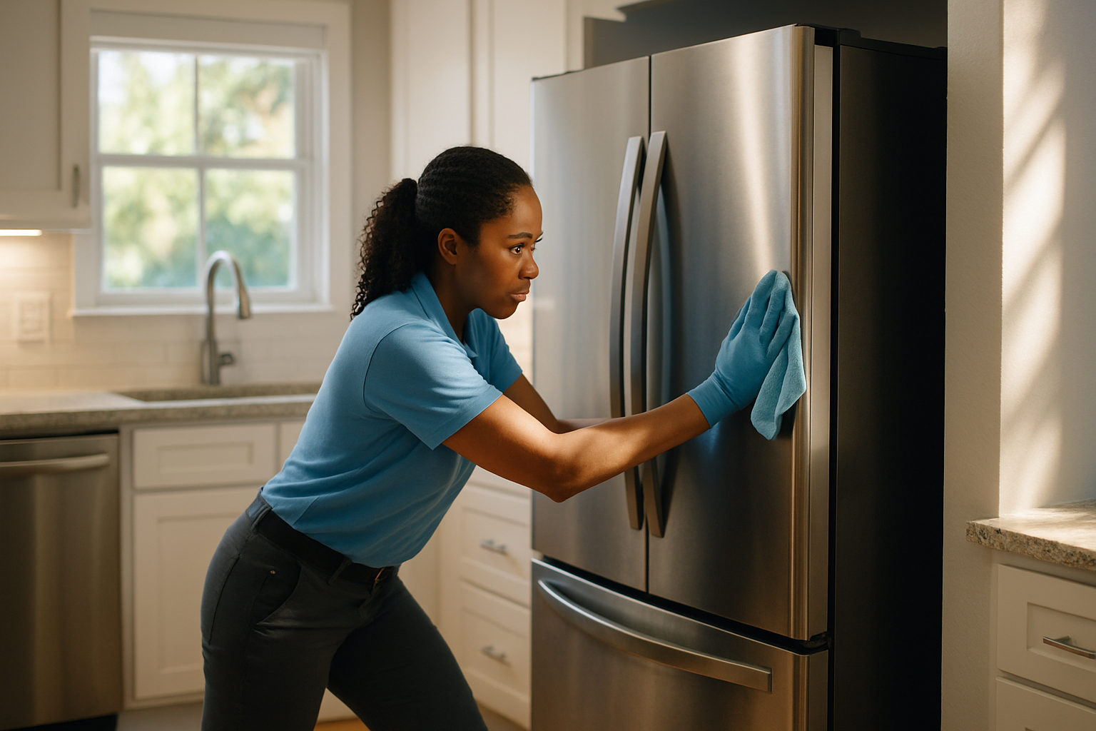 Professional cleaner inspecting behind refrigerator for moisture damage during a Tampa home kitchen deep clean