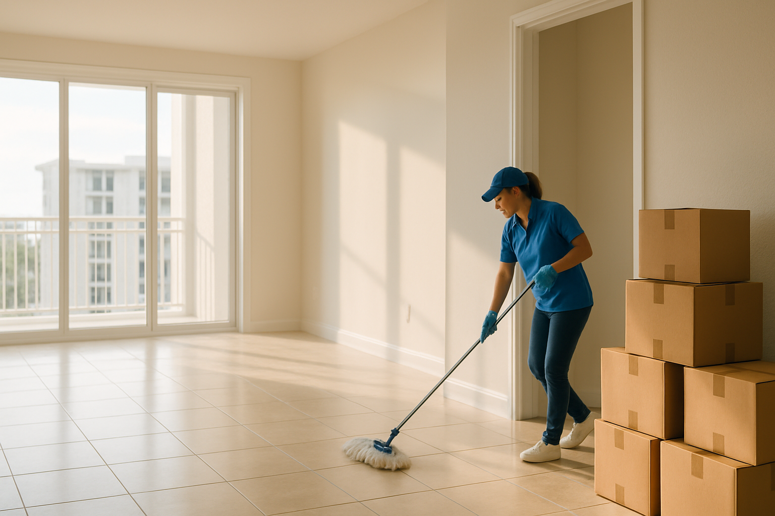 Professional cleaner mopping an empty Tampa apartment on moving day for a thorough move-out cleaning in Tampa