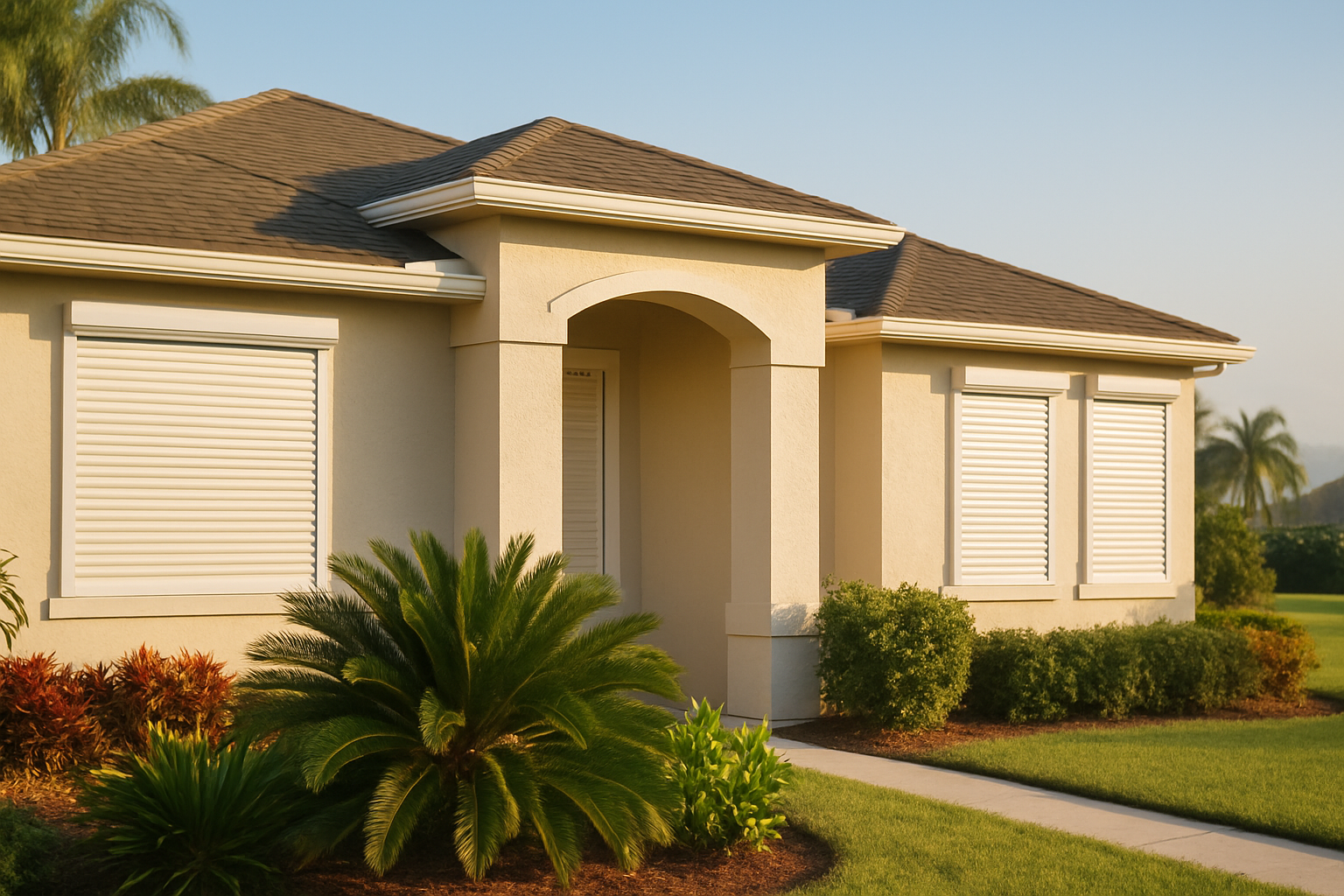 Tampa home with hurricane shutters closed and blue sky above, ready for hurricane peak Tampa September storm season