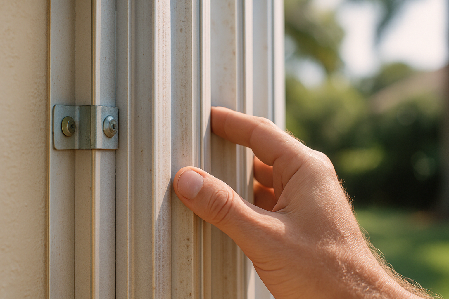 Close-up of a hurricane shutter track and bracket on a Tampa Bay home showing salt-air wear during storm season inspection