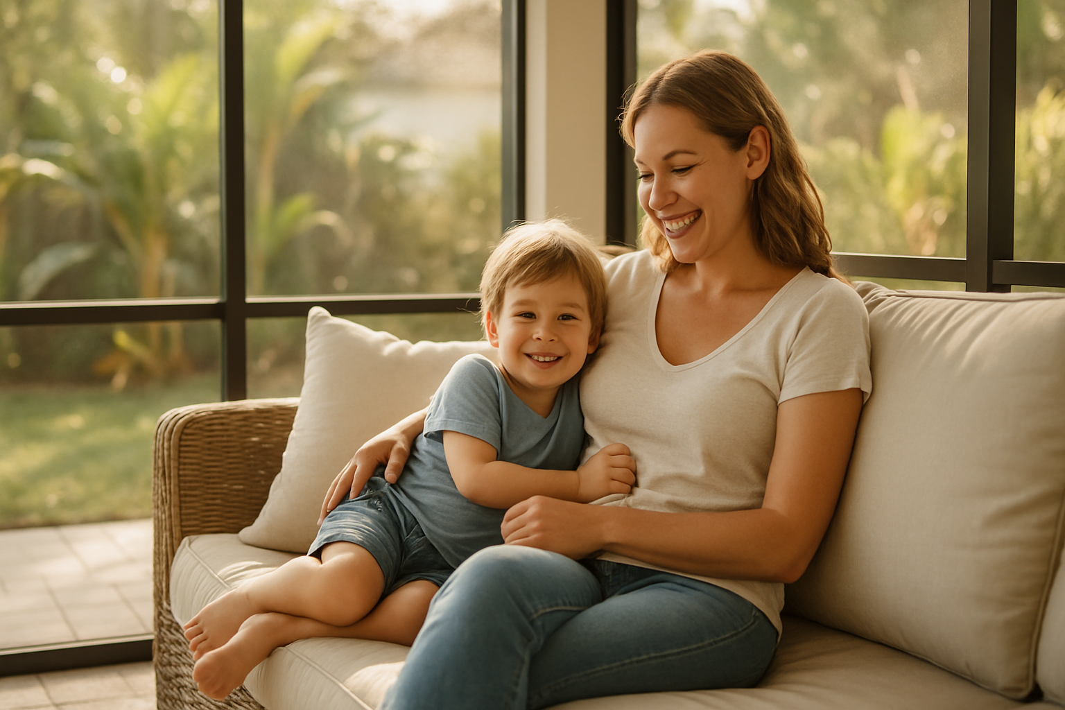 A mother and child enjoying their freshly cleaned lanai in a Tampa Bay area home after an FG7 Cleaning visit