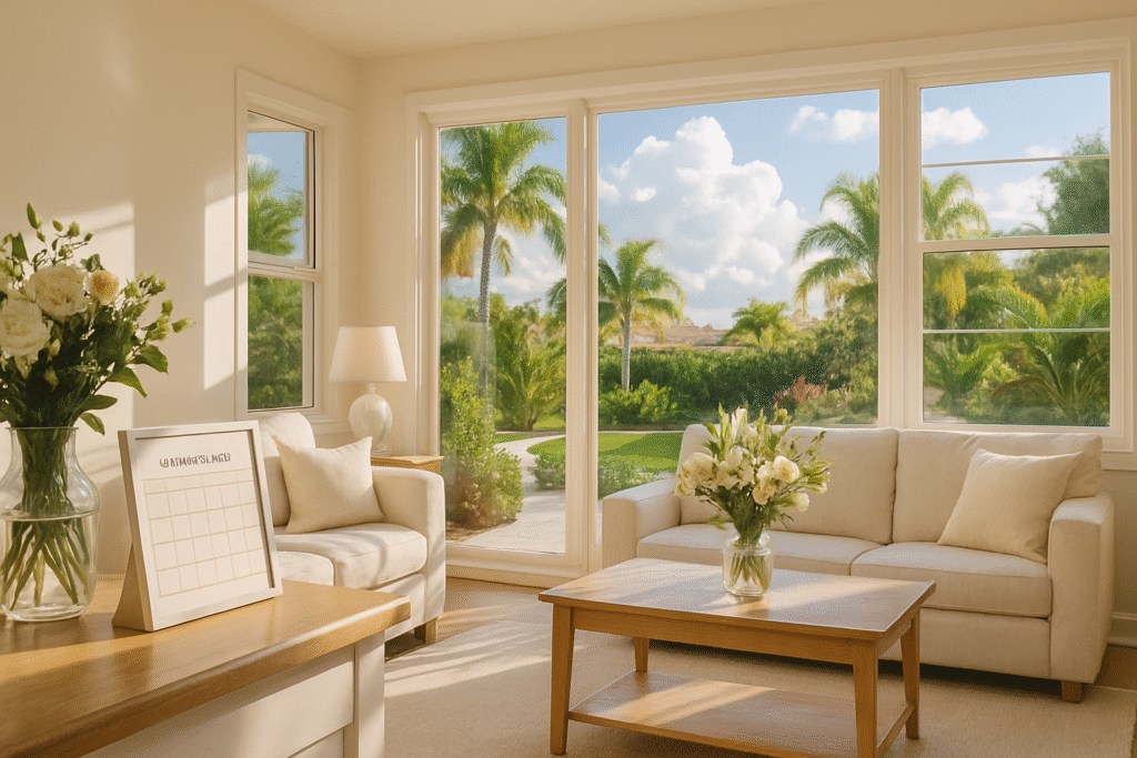 Bright clean Tampa home interior with large windows and a cleaning schedule calendar showing how often to clean house in Tampa