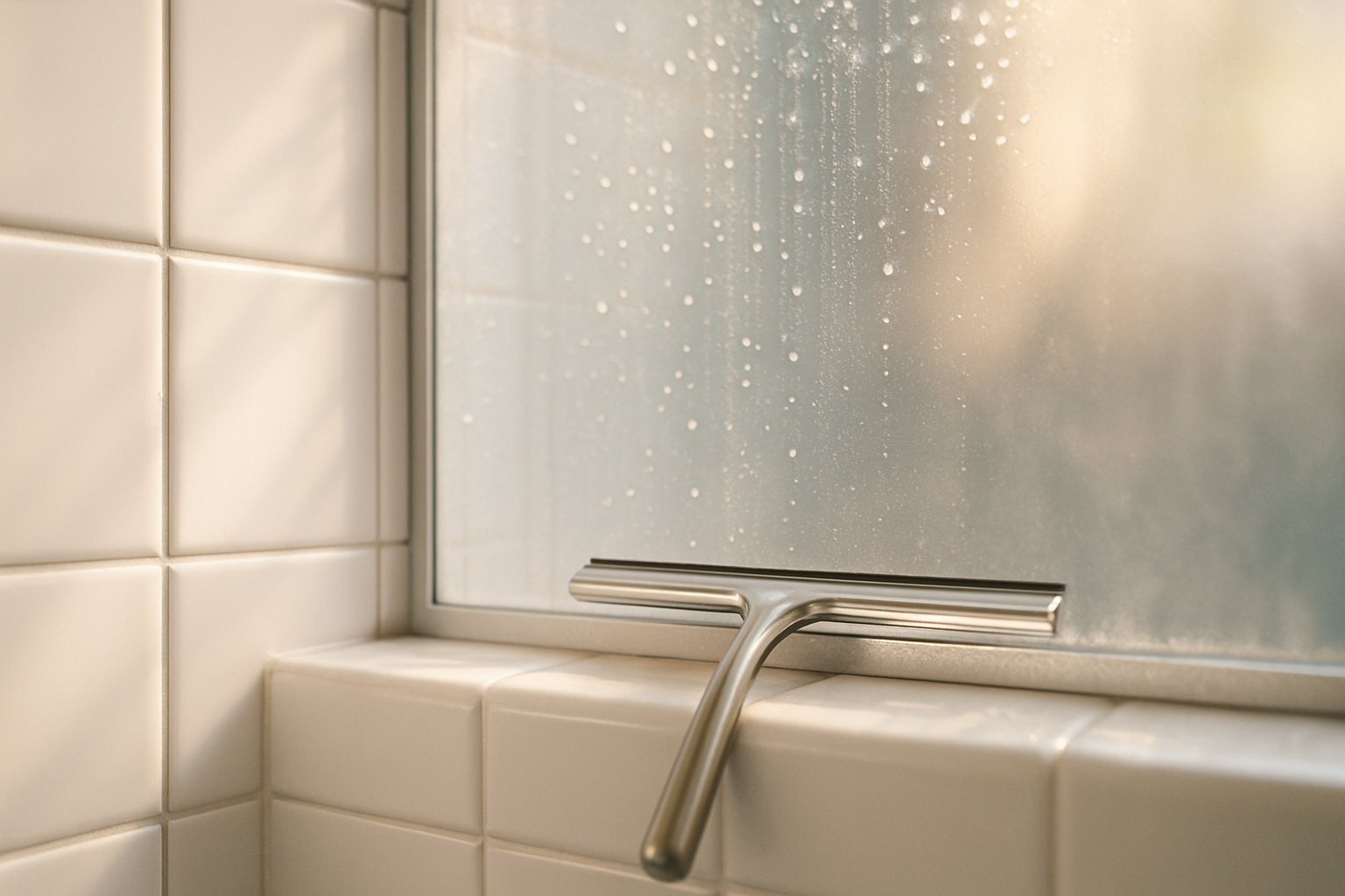 Close-up of sparkling clean bathroom tile grout and squeegeed shower glass in a Tampa home after weekly mold-prevention cleaning