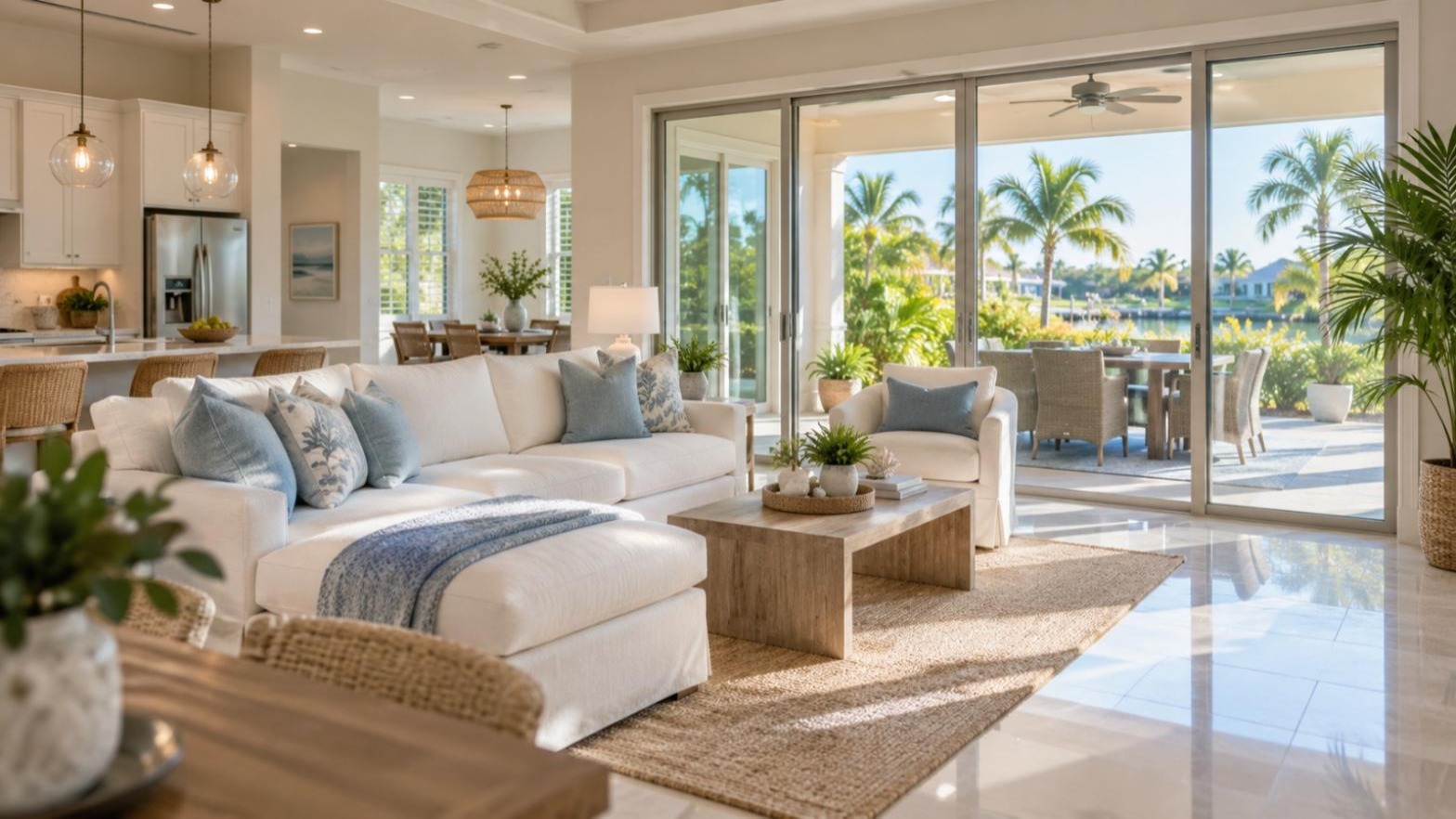 Bright empty Tampa winter home living room freshly prepared by snowbird cleaning Tampa service before owners arrive