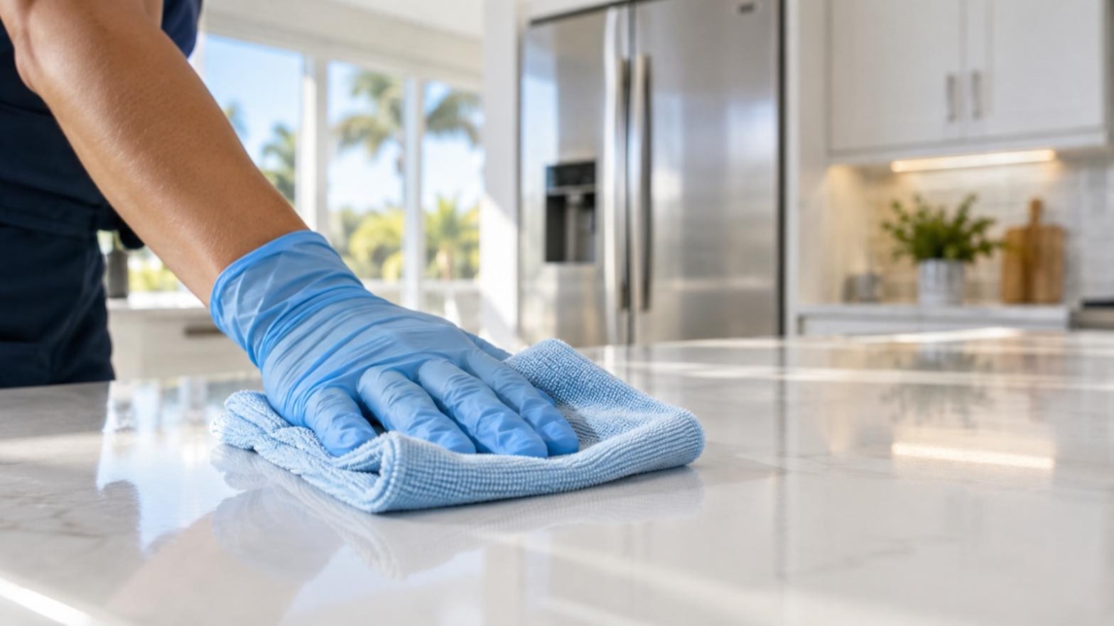 Close-up of a cleaner wiping a kitchen countertop during a pre-arrival snowbird cleaning in a Tampa winter home