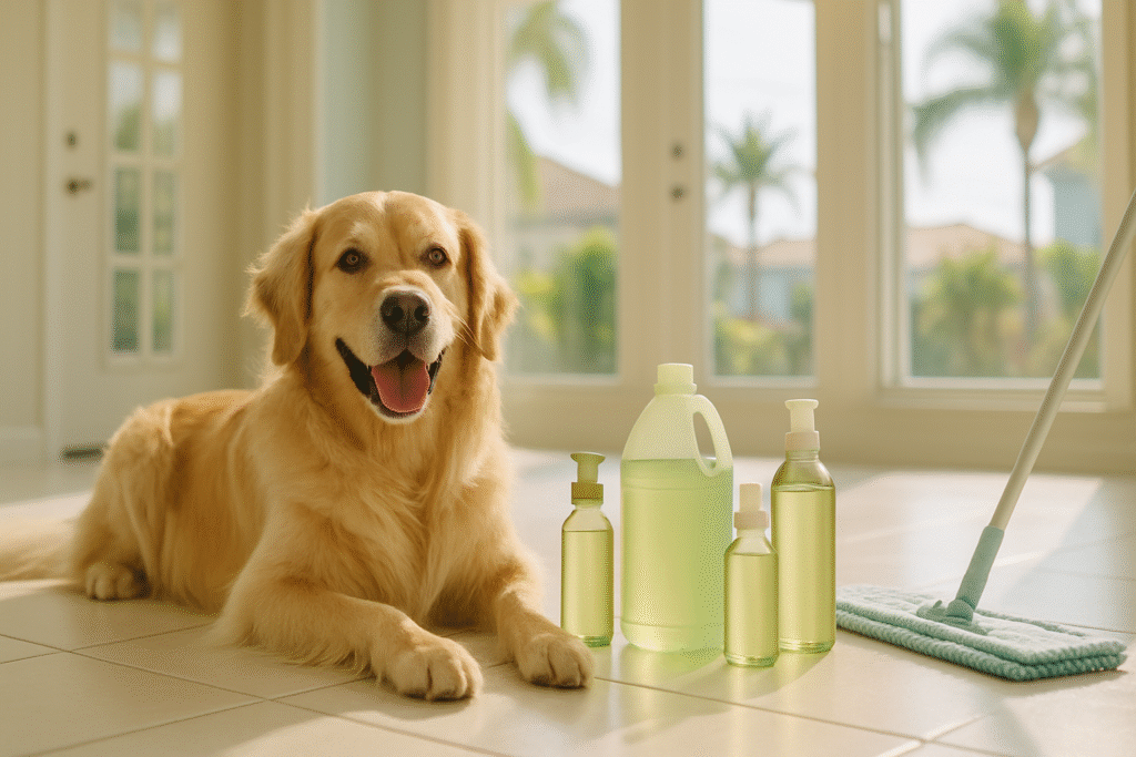 Golden retriever relaxing on clean tile floor next to eco-friendly pet-safe cleaning supplies in a bright Tampa home
