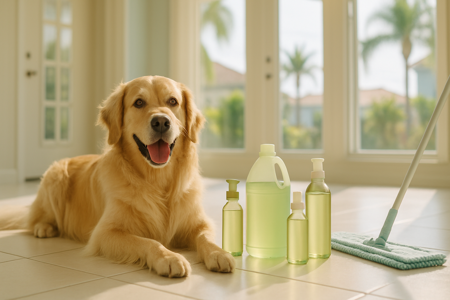 Golden retriever relaxing on clean tile floor next to eco-friendly pet-safe cleaning supplies in a bright Tampa home