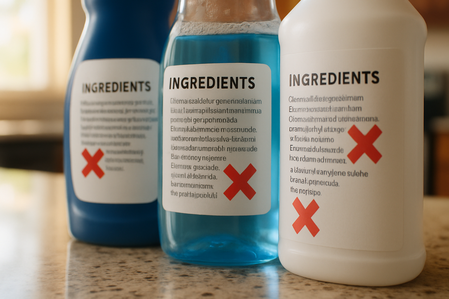 Close-up of household cleaning product labels showing harmful ingredients to avoid for pet-safe cleaning in Tampa homes