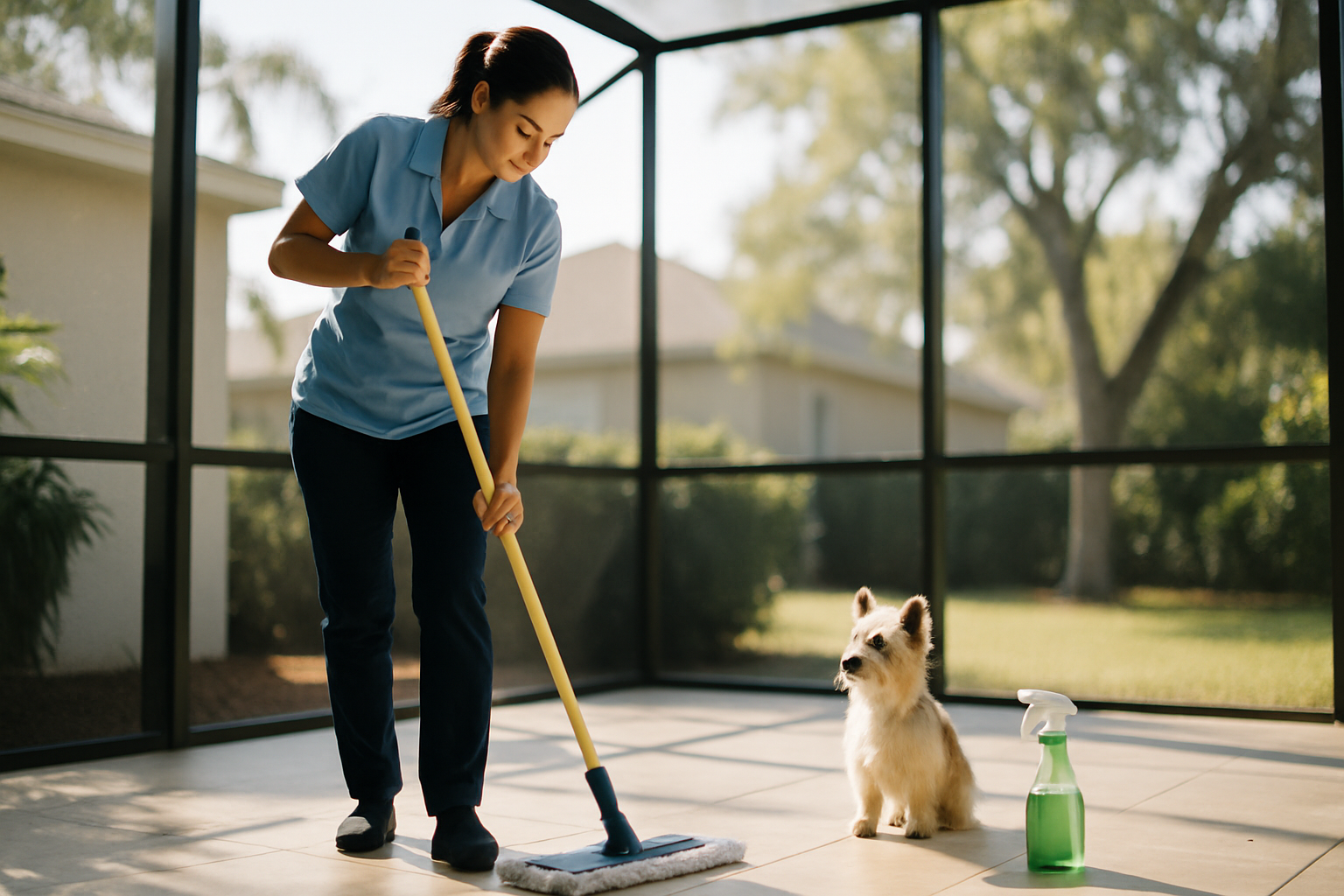 FG7 Cleaning professional mopping a Tampa lanai with pet-safe products while a small dog watches nearby
